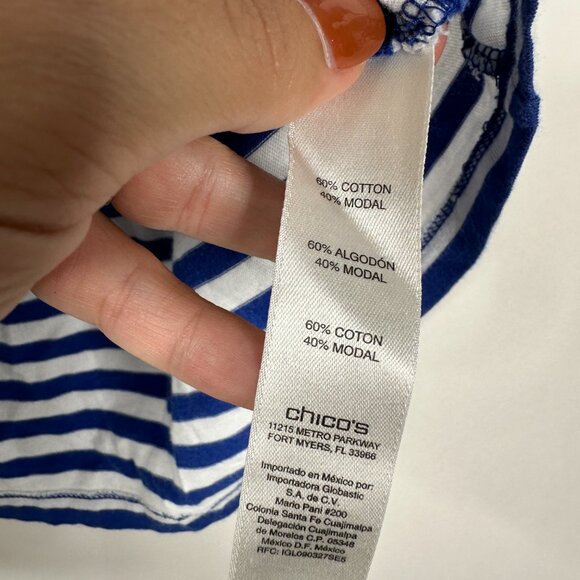 2/$24 Chico's Nautical Stripe Cap Sleeve Tee Blue with White 12 #BAG7 - Picture 7 of 9